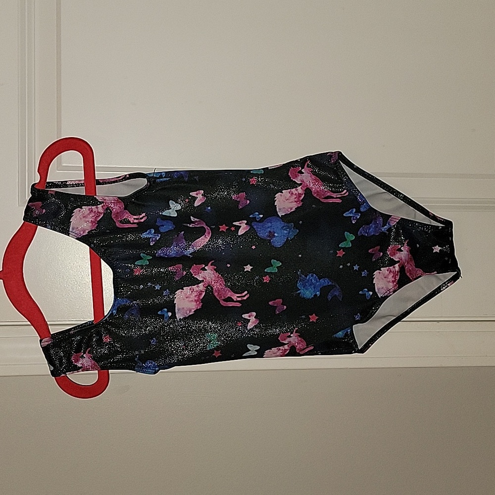 Girls Gymnastics Leotard, black with unicorns, mermaids, and butterflies. Size 4